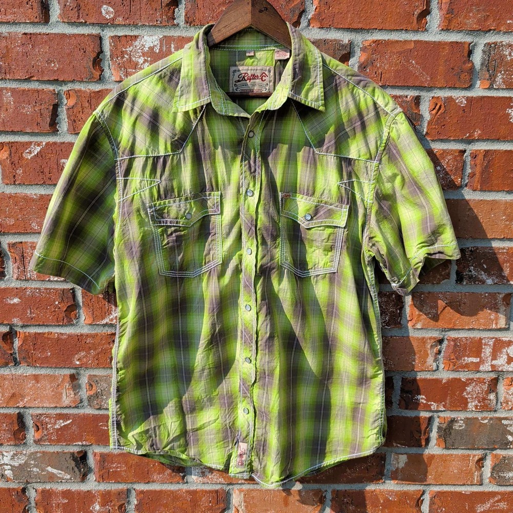 Rafter C Western Shirt Mens Large Green Plaid Pearl Snap Short Sleeve Cowboy